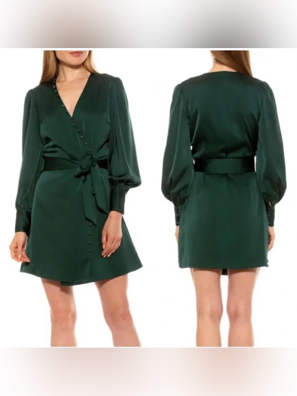 Alexia Admor Emerald Green Elegant Satin Long-Sleeve Wrap Dress Tie Belt Sz. 6